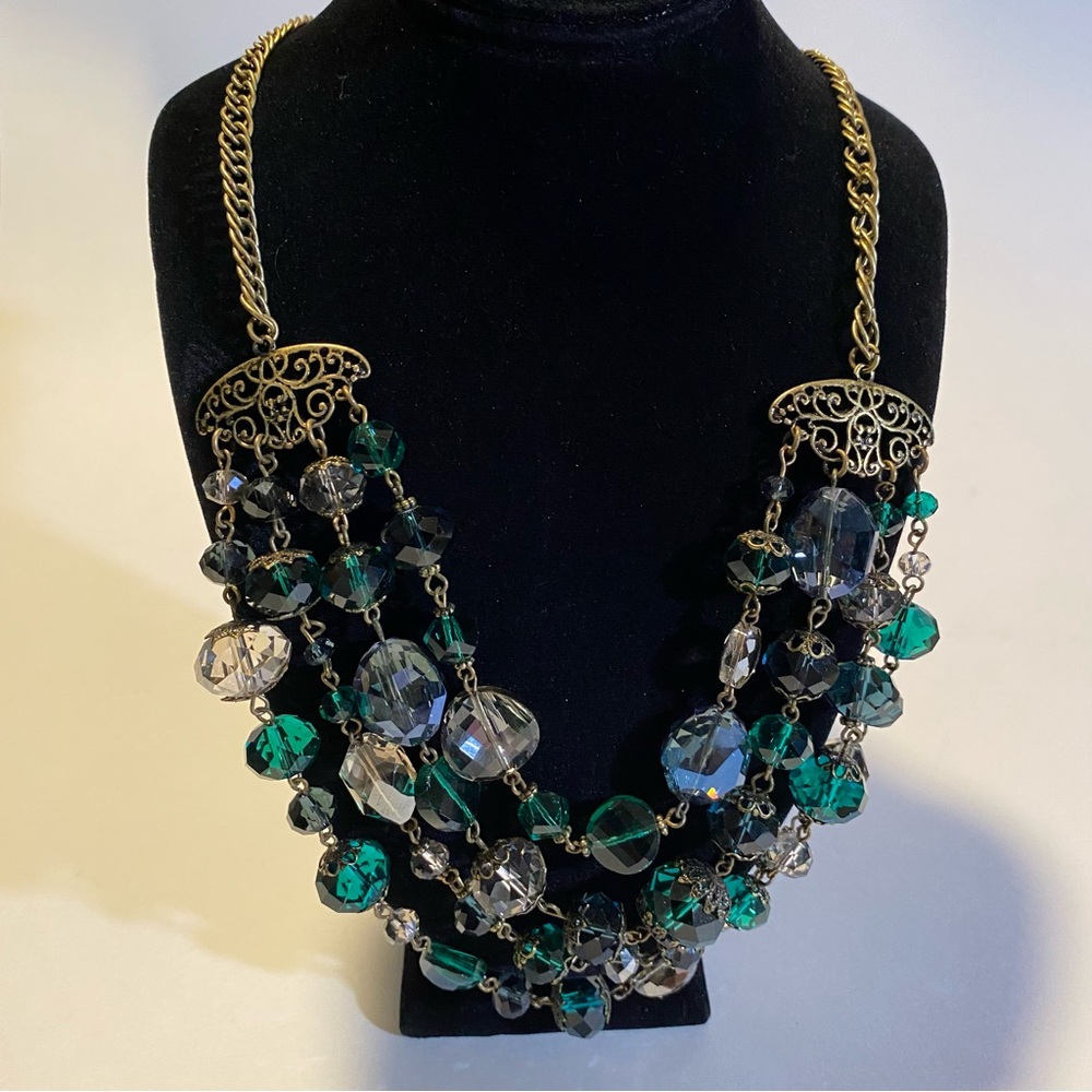 Gorgeous brass and green glass necklace and earring set, adjustable to 24” long